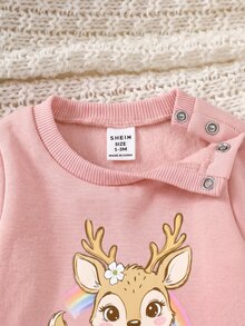 SHEIN Newborn Baby Deer Print Long Sleeve Sweatshirt And Floral Print Long Pants Casual Set - Pink - View 6