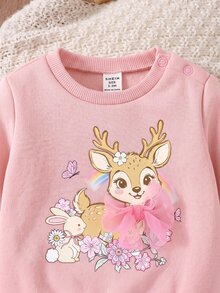 SHEIN Newborn Baby Deer Print Long Sleeve Sweatshirt And Floral Print Long Pants Casual Set - Pink - View 8