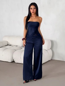 SHEIN PETITE Women's Satin & Lace Patchwork Bandeau Top And Long Pants 2 Pieces Set - Navy Blue - View 5