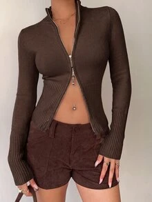 Aloruh 女款休閒羅紋高領拉鍊長袖針織開襟衫，黃色，適合日常穿著與運動，秋冬款 - 摩卡棕 - 查看 8