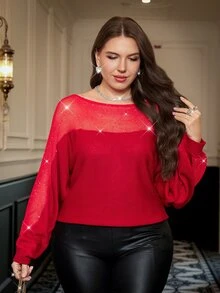 SHEIN Clasi Plus Size Fashion Versatile Sequin Long Sleeve Knit Top - Red - View 8