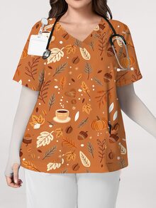 PopScrub Pumpkin Leaf Coffee Print Khaki Plus Size Nurse Uniform, V-Neck Short Sleeve Pocket Split Workwear Top, All Seasons Inner & Outerwear, Autumn Vibe - Multicolor - View 5