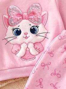 SHEIN 2pcs Newborn Girl Cute Pink Knitted Cartoon Pattern Sweatshirt And Elastic Waist Long Pants Set - Pink - View 9