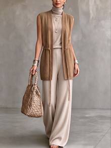 SHEIN Autumn/Winter New Casual Minimalist Solid Color V-Neck Drawstring Tie Mid-Length Knit Vest For Women, Casual Daily Commute Outfit - Khaki - View 2