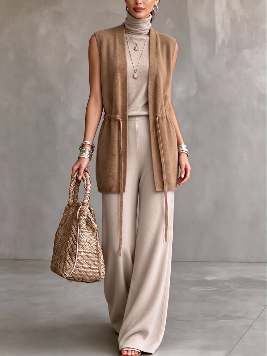 SHEIN Autumn/Winter New Casual Minimalist Solid Color V-Neck Drawstring Tie Mid-Length Knit Vest For Women, Casual Daily Commute Outfit - Khaki - View 1