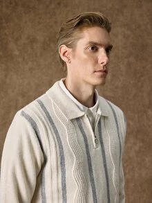 Manfinity CityGents 男士 Polo 領半拉鍊長袖套頭毛衣，休閒針織秋冬服飾，米色與白色拼接寬鬆版型通勤穿搭，直條紋與波浪圖案套頭毛衣 - 米色 - 查看 8
