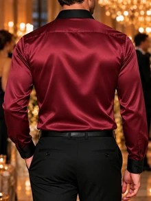 Manfinity Bizformal 男士商務休閒緞面布料設計深色拼接長袖襯衫 - 酒紅色 - 查看 2