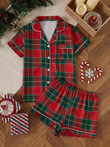 Dream Adore Classic Plaid Button-Down Lapel Short Sleeve Shorts Women's Pajama Set - Multicolor - View 1