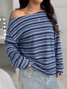 SHEIN EZwear 女款不對稱單肩寬鬆休閒極簡日常百搭派對機場穿搭 Y2K 上衣，藍色條紋，女款夏季穿搭，外出穿搭 - 彩色 - 查看 4