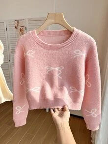 SHEIN 少女杏色粗針織毛衣，秋冬款，蝴蝶結提花圓領套頭衫，落肩長袖，適合秋季單穿，冬季可搭配大衣/棉襖疊穿，面料柔軟舒適 - 粉色 - 查看 7