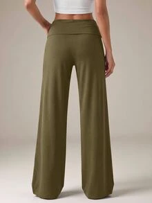 SHEIN Tall 黑色高腰寬腿寬鬆休閒基礎長褲居家服 秋季 高個女性適用 - 軍綠色 - 查看 7