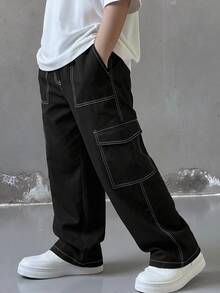 SHEIN 兒童青少年男孩休閒日常百搭舒適工裝直筒寬鬆長褲，黑色工裝褲，適合外出、約會、上學，春、夏、秋、冬四季皆宜 - 黑色 - 查看 6