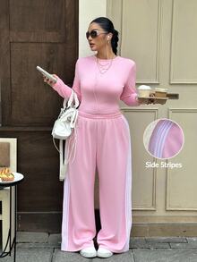 Muchica Plus-Size 2 Pieces Casual Sportswear Set: Pink Long-Sleeve Crew-Neck Top And Loose Pants With Side Stripes (Autumn Style) - Pink - View 1