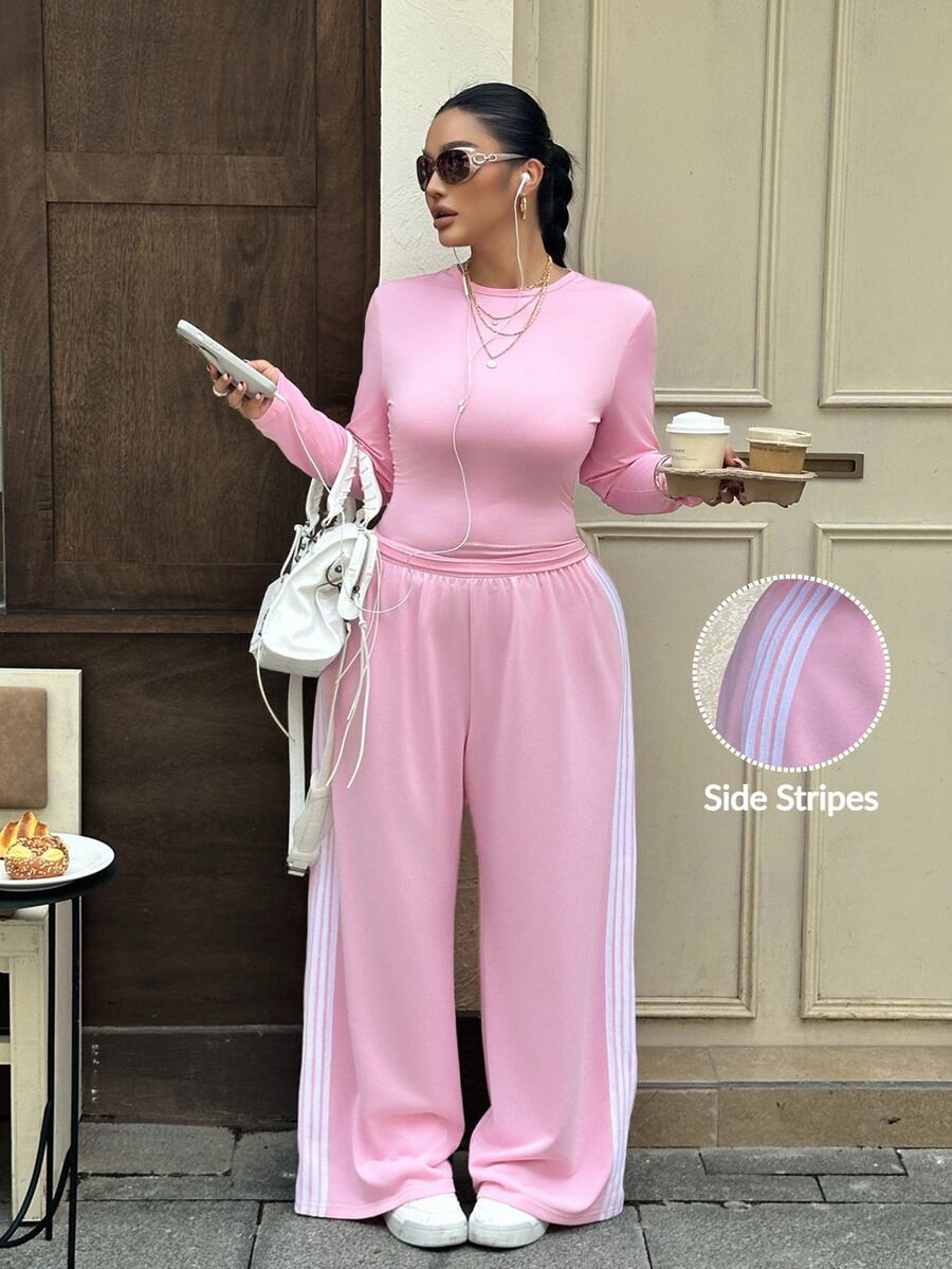 Muchica Plus-Size 2 Pieces Casual Sportswear Set: Pink Long-Sleeve Crew-Neck Top And Loose Pants With Side Stripes (Autumn Style) - Pink - View 1
