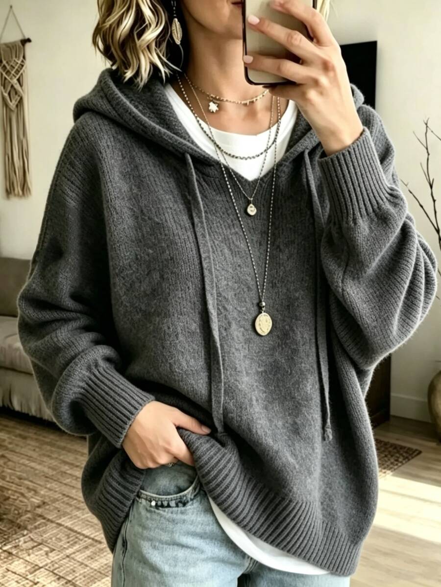 SHEIN كنزة صوفية محبوكة فضفاضة بقلنسوة للنساء، بياقة على شكل حرف V مع رباط، أكتاف منسدلة وأكمام طويلة، ملابس علوية علوية سحب - رمادي - مشاهدة 1
