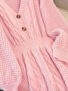 GlowEve CURVE 大尺碼 V 領燈籠袖 A 字版厚實抽繩針織毛衣洋裝，純色，冬季 - 粉色 - 查看 4