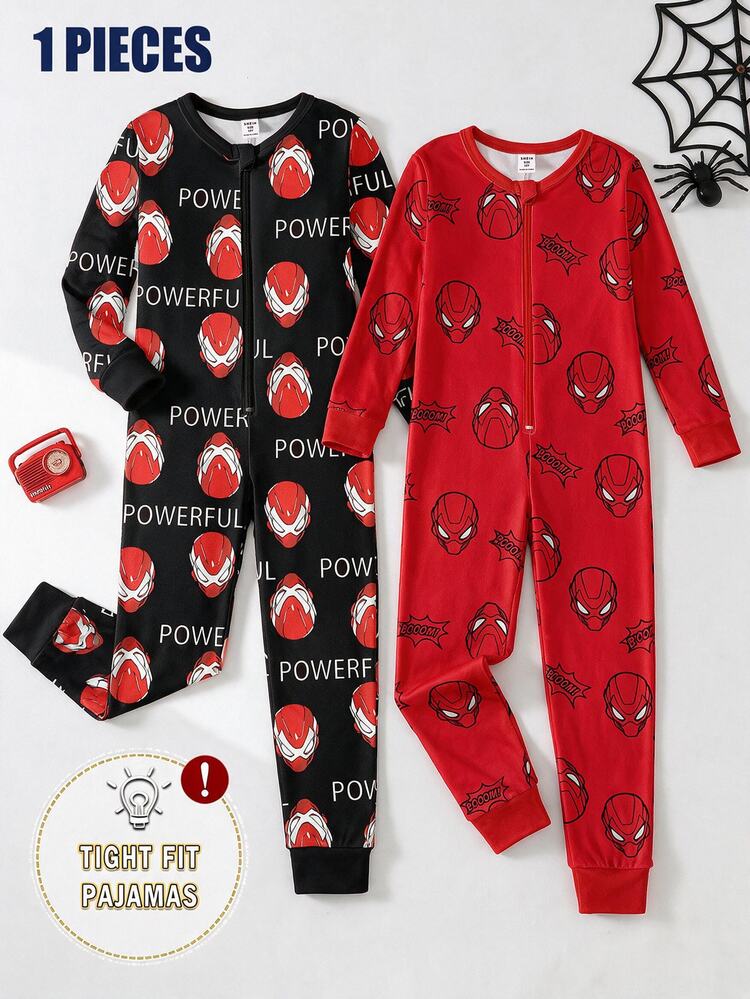 1pc Set Boys Cool Fashion Classic Casual Black & Red Hero Mask Cartoon Graffiti Print Cartoon Pattern Daily Comfortable Soft Skin-Friendly High Elasticity Tight Knit Fabric Comfortable Soft Casual Chest Zipper Cardigan Design Long Sleeve Long Pants One-Piece Pajamas Tight Home Wear - Multicolor - View 3