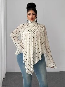 Maweii Plus Size Women's New Apricot Semi-Sheer Stand Collar Ruched Asymmetrical Flared Sleeve Chiffon Blouse, Loose Draped Fit, Stacked Stand Collar, Full Front Ruched Detail, Asymmetrical Hemline, Slightly Sheer Chiffon Flared Long Sleeves, Hidden Mushroom Button Back Collar, Commute Chiffon Top, Workplace Date Atmosphere, Gentle Fairy Style, Spring Autumn Loose Fit - Apricot - View 2