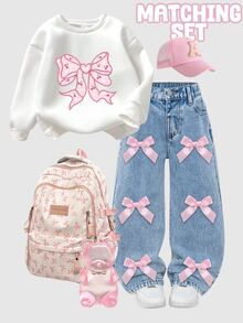 Setelan 2 Potong Gaya Feminin untuk Anak Perempuan - Atasan Sweatshirt dengan Hiasan Pita Merah Muda & Celana Jeans Denim Lebar yang Serasi, Pakaian Kasual yang Manis dan Imut - MultiWarna - View 1