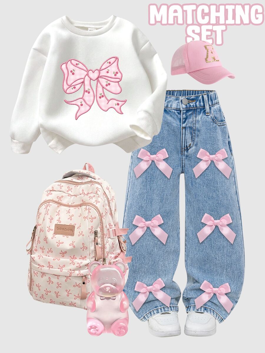 Setelan 2 Potong Gaya Feminin untuk Anak Perempuan - Atasan Sweatshirt dengan Hiasan Pita Merah Muda & Celana Jeans Denim Lebar yang Serasi, Pakaian Kasual yang Manis dan Imut - MultiWarna - View 1