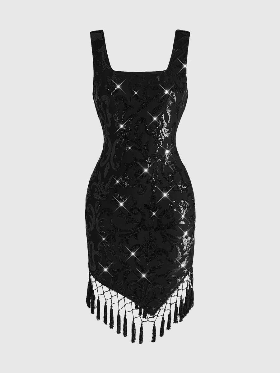 ROMWE Sexy Vintage Pattern Sequin Asymmetrical Hem Tassel Backless Mini ...