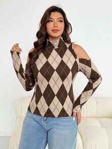 Shapeblank Casual Minimalist Slim Fit Cold Shoulder Plus Size High Neck Plaid Print T-Shirt Autumn/Winter - Multicolor - View 4