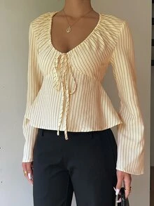 Siren Gaze 秋季女款條紋深V領修身長袖T恤，適合度假、派對、約會、節慶，Y2K風格，優雅休閒正式商務鄉村風 - 淡黃色 - 查看 4
