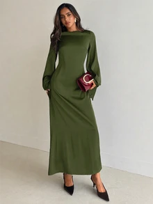 Aloruh 女款優雅棕色緞面派對晚宴禮服，秋季長袖露肩綁腰抓褶不對稱度假用餐洋裝，適用各種場合，AI-Adha - 軍綠色 - 查看 7