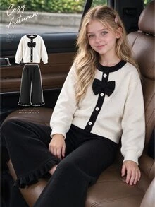 SHEIN Setelan 2 potong untuk anak perempuan usia 8-12 tahun: Cardigan dan celana rajut dengan detail ruffle, warna hitam putih, dan motif pita. - Hitam dan Putih - View 4