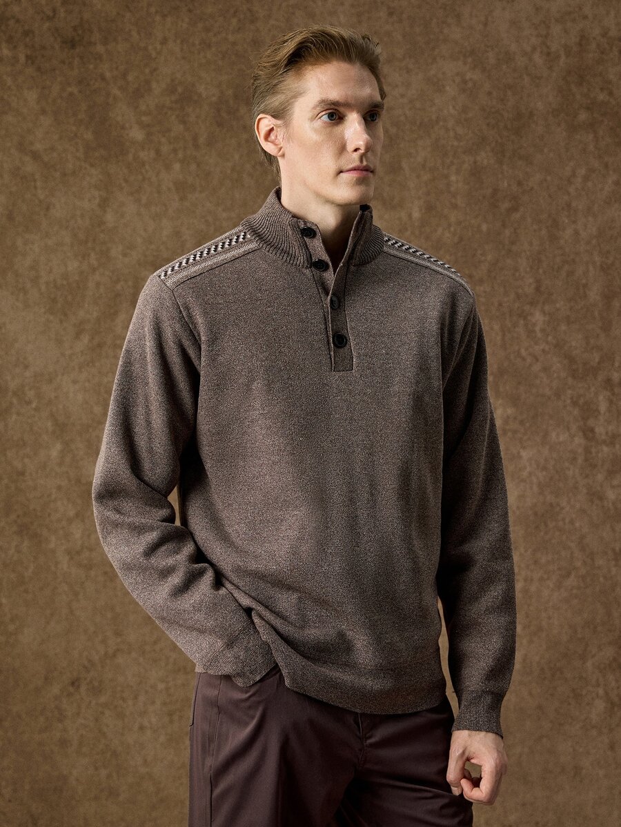 Manfinity CityGents Men's Autumn/Winter Half-Open Neckline Shoulder-Fit Knit Pullover Sweater - Coffee Brown - View 1