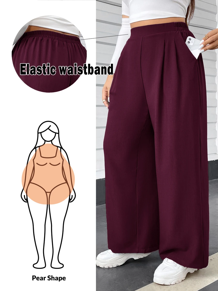 Shapeblank Plus Size Women's Plain Grey Wide-Leg Pants, Summer Smart ...