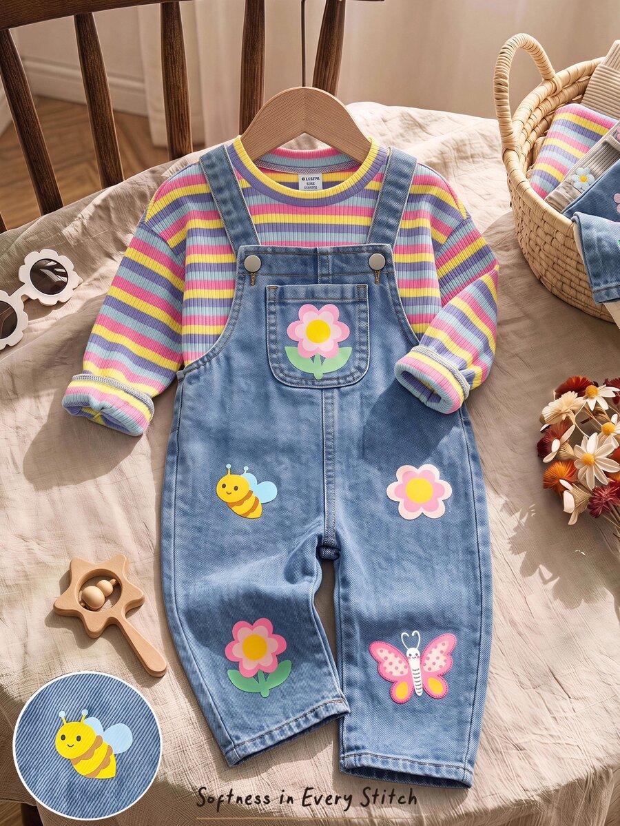 Cozy Pixies Baby Girl Floral Pattern Casual Daily Innovative Cup Strap Denim Jumpsuit - Blue - View 1