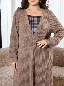 Veilorie كنزة رياضية أنيقة بمقاس كبير بتصميم مربعات وقطع متداخلة وأكمام طويلة 2 في 1 - قهوة بني - مشاهدة 6