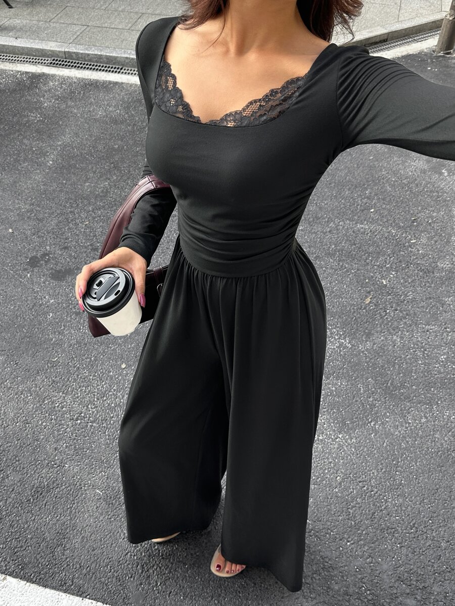 FavEase Women's Autumn Casual Minimalist Black Square Neck Lace Patchwork Long Sleeve Jumpsuit - Black - View 1