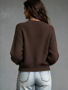 SHEIN Franclia Women's Autumn/Winter Knitted Floral Button V-Neck Cardigan - Coffee Brown - View 3