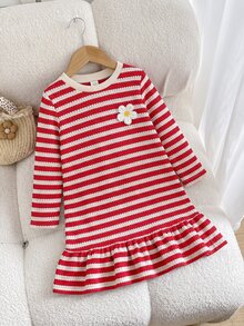 SHEIN 女童圓領咖啡色與白色條紋拼接3D花朵休閒度假旅行長袖洋裝 秋季長袖上衣 - 紅色 - 查看 5