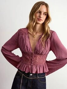 Willow Rêve Women's Pink V-Neck Lace Trim Patchwork Waist-Cinching Long Sleeve Blouse - Hot Pink - View 4