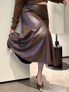 Dazy Plus Autumn/Winter High Waist Button Decor Solid Color A-Line Commuter Style Long Skirt - Brown - View 1