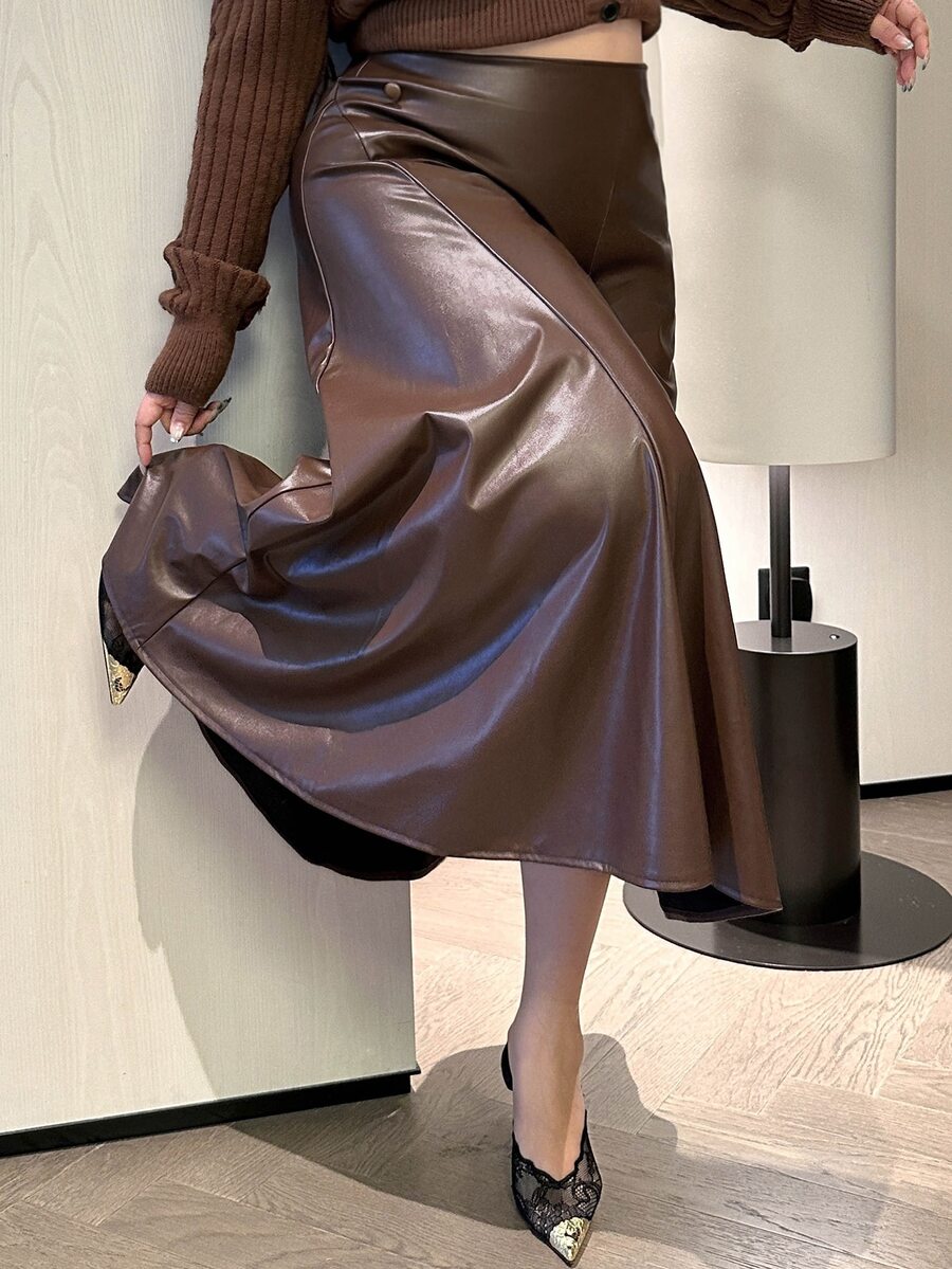 Dazy Plus Autumn/Winter High Waist Button Decor Solid Color A-Line Commuter Style Long Skirt - Brown - View 1