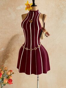 Soleia Women's Colorblock Casual Daily Knit Halter Neck Dress - Multicolor - View 4