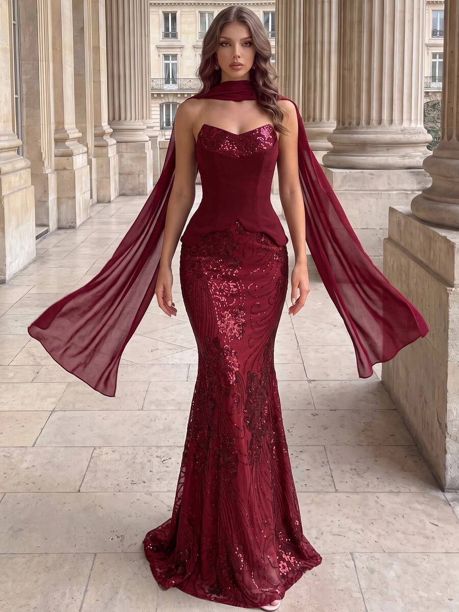 Poshira Gaun Malam Mewah Elegan Bertema Sosialita dengan Hiasan Payet Ekor Duyung Kelas Atas - Burgundy - View 1