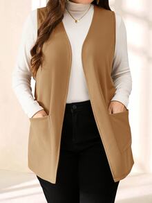 SHEIN PETITE CURVE 大尺碼純色無袖寬鬆口袋簡約休閒外套，春夏穿搭，秋冬度假款 - 駝色 - 查看 5