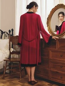 Côtesoire Women's Lace Patchwork Asymmetrical Hem Nightgown With Cardigan Pajama Set - Burgundy - View 4