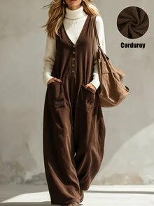 SHEIN Maillard Style V-Neck Corduroy Overall Jumpsuit For Women, Front Button Closure, Large Pockets, Loose Wide Leg, Sleeveless Long Pants - Brown - View 1
