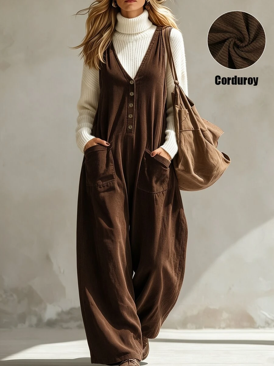 SHEIN Maillard Style V-Neck Corduroy Overall Jumpsuit For Women, Front Button Closure, Large Pockets, Loose Wide Leg, Sleeveless Long Pants - Brown - View 1