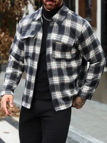 Manfinity Homme 男士格紋混紡羊毛商務休閒經典百搭秋冬夾克，翻領、拉鍊、多口袋，工裝風 - 彩色 - 查看 6