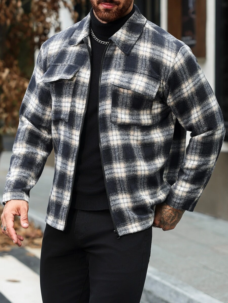 Manfinity CasualCool Jaket Pria Motif Kotak-kotak Campuran Wol untuk Bisnis Kasual Klasik Serbaguna Musim Gugur/Dingin dengan Kerah Berlipat, Resleting, Banyak Saku, Gaya Pakaian Kerja - MultiWarna - View 1