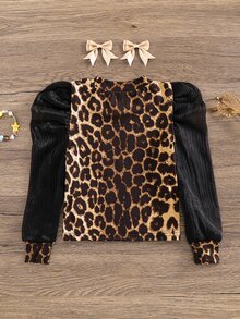 Young Girl Leopard Print Mesh Patchwork Casual Daily T-Shirt - Black - View 5