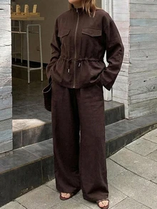 Dazy Plus Setelan 2 Potong Musim Gugur: Jaket Lengan Panjang Kerah Tegak, Resleting Pinggang, Kantong Besar, Celana Panjang Lebar Warna Cokelat Kopi - Coklat - View 3