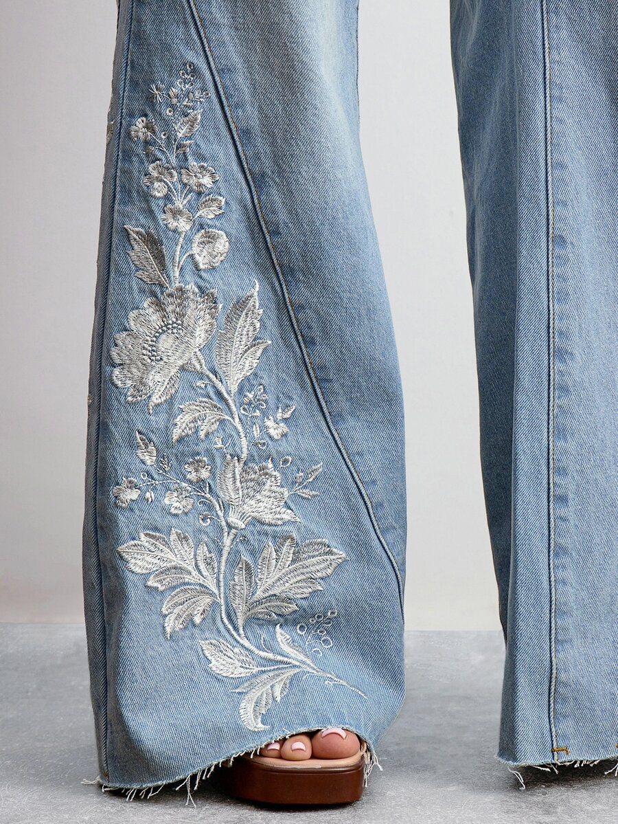 Willow Rêve 女款淺藍色刺繡寬腿牛仔褲 - 藍色 - 查看 1